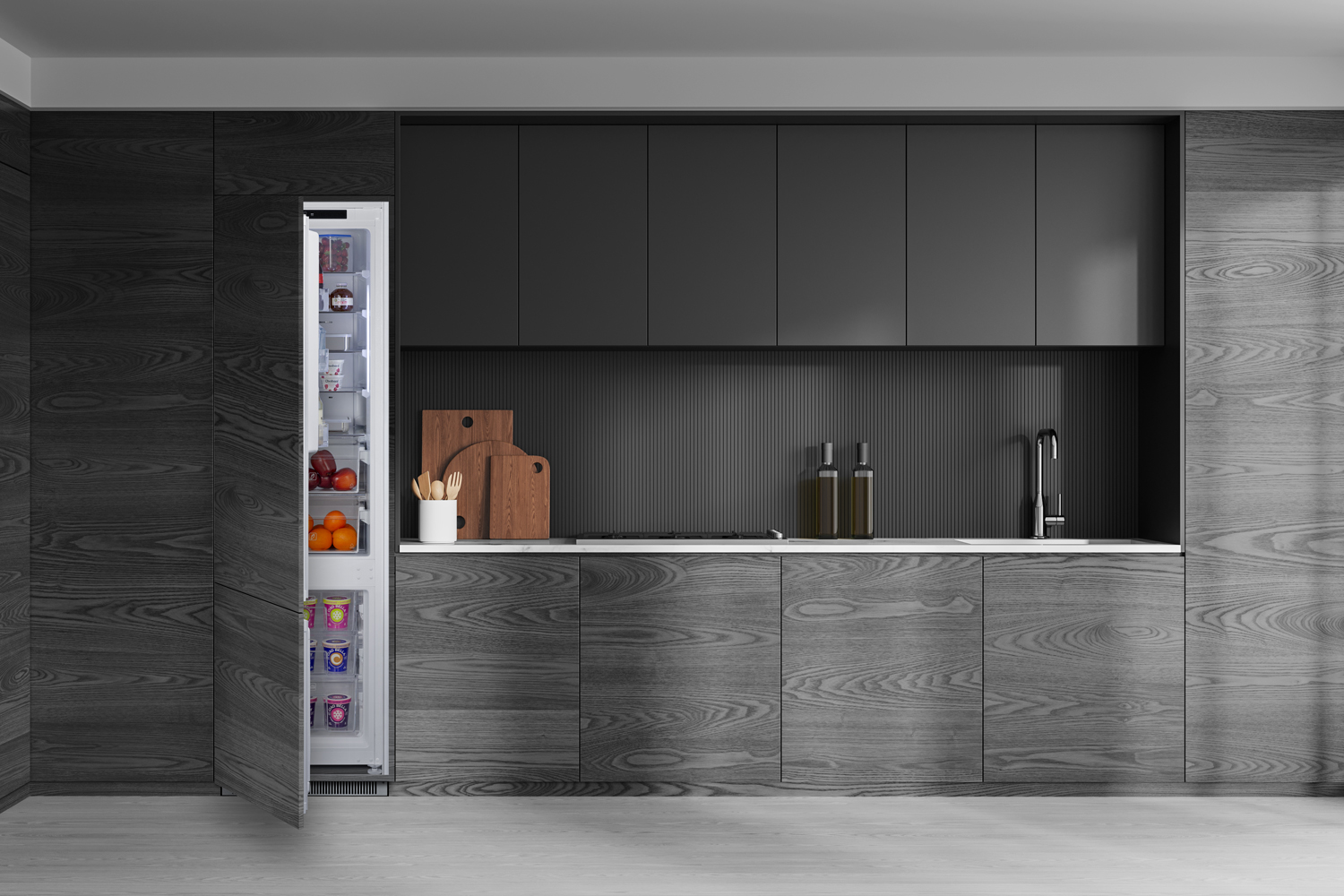 ENERGY STAR certified fully integrated bottom mount counter depth refrigerator-freezer with unfinished front to accept custom panels and fit 76 7/8